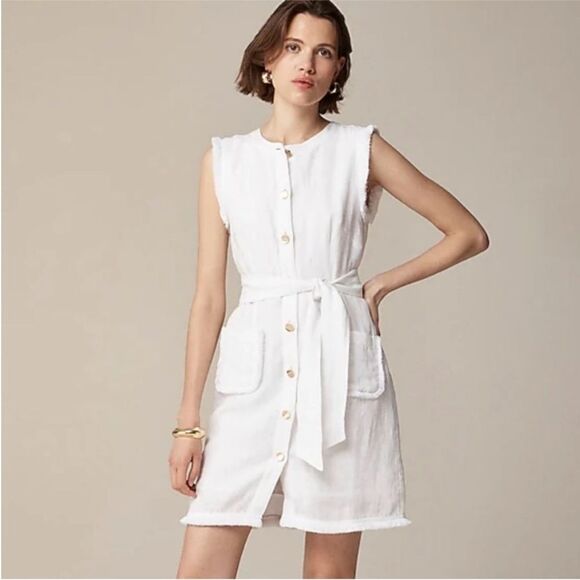 J.Crew Raw Hem Mini Shirtdress Linen White Belted Medium NWT - Picture 1 of 14